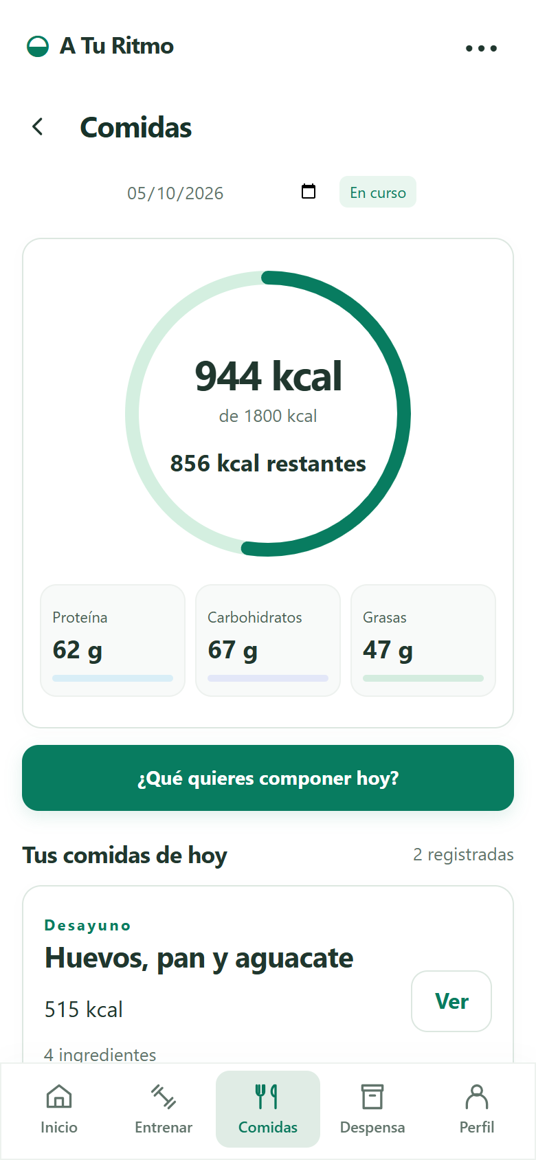 Captura real de Comidas con resumen de calorías y macronutrientes