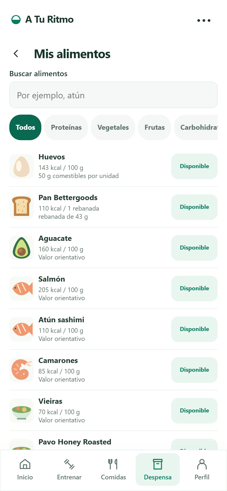 Despensa: catálogo con búsqueda, filtros y disponibilidad