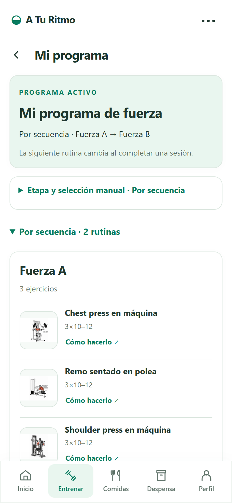 Mi programa: rutinas, ejercicios y opciones de edición