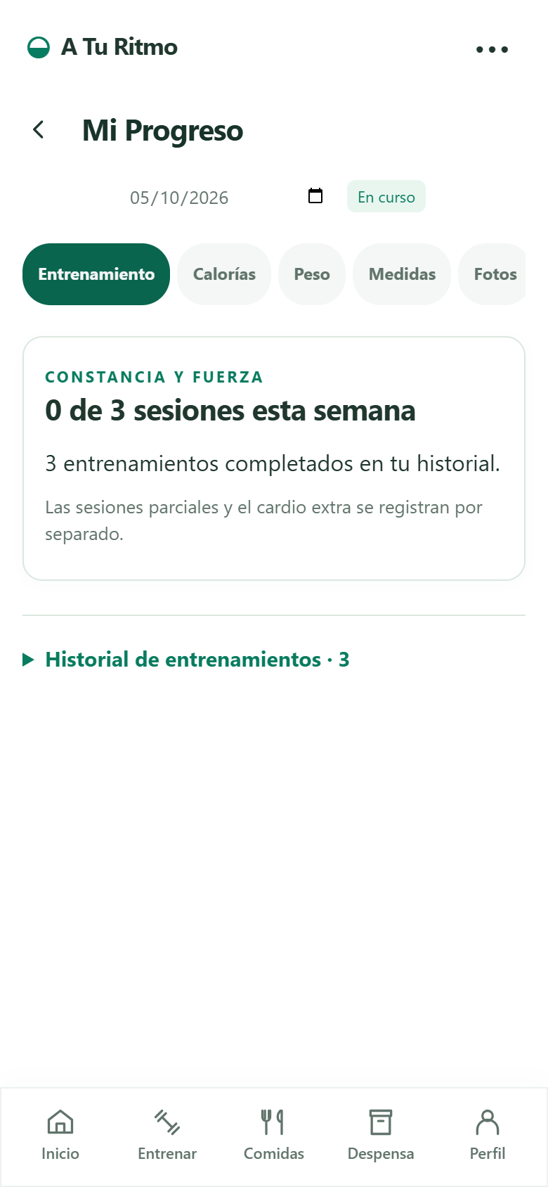 Mi Progreso: sesiones completadas y cargas registradas
