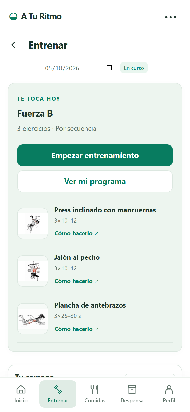 Captura real de Entrenar: rutina Fuerza B y acceso a sus ejercicios